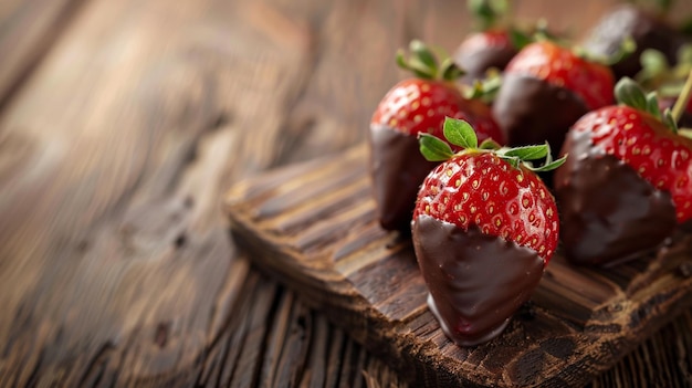 Photo chocolate covered strawberries on a wooden board on a table generative ai