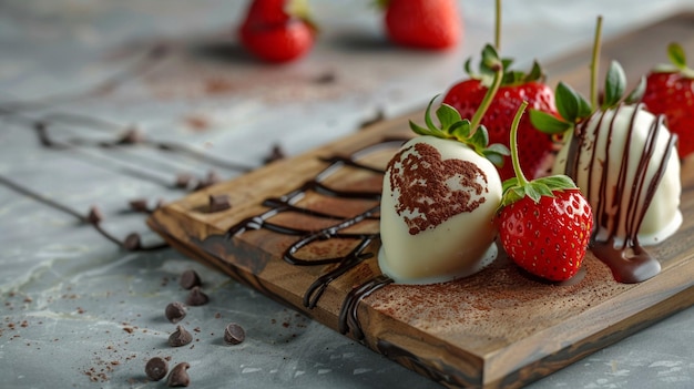 chocolate covered strawberries on a wooden board with chocolate drizzles generative ai