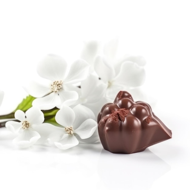 A chocolate covered strawberry next to a bunch of flowers.