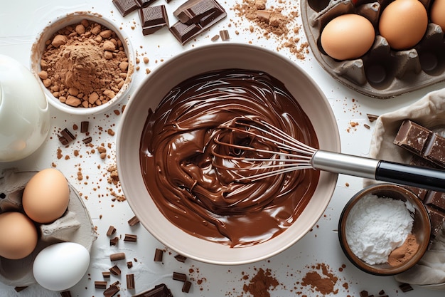 Chocolate cream in bowl with whisk eggs and cocoa powder on table