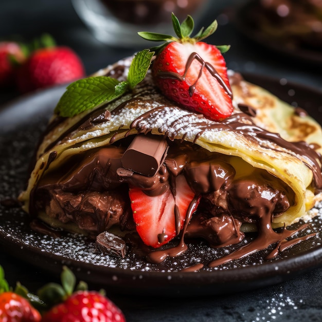 A chocolate crepe with a strawberry on top