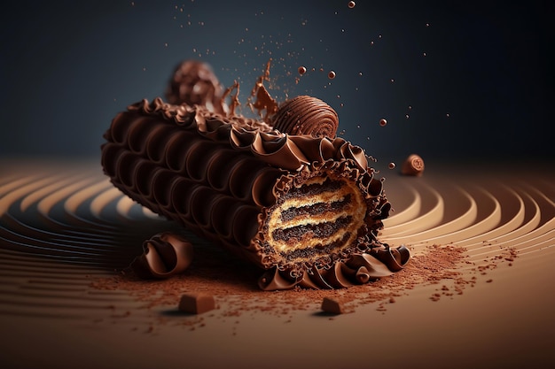 Chocolate crispy wafer waffle and chip for Delicious Dessert on table background with Generative AI