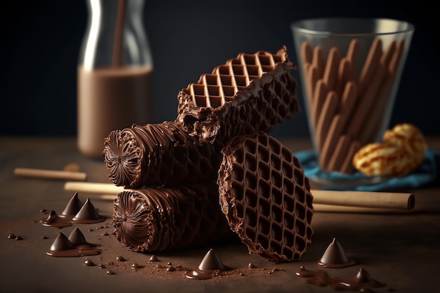 Chocolate crispy wafer waffle and chip for Delicious Dessert on table background with Generative AI