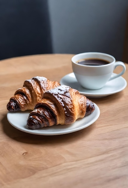 A chocolate croissant on a small plate with a cup of coffee in the background on a wooden table