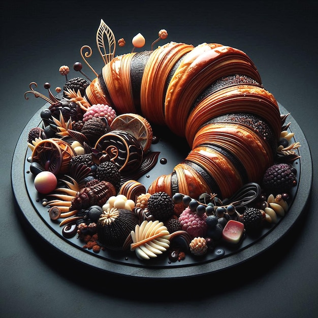 Chocolate Croissants On a Black Matte Plate with fruits Generated AI