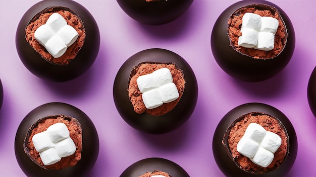 a chocolate cup with marshmallows on it and a black bowl with marshmallows in the background