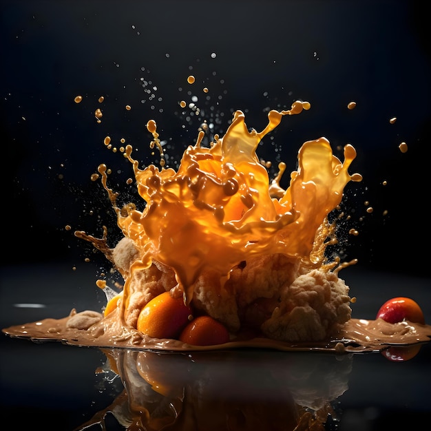 Chocolate cup with splashes and fruits on a black background