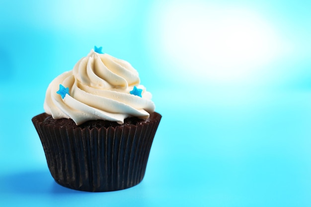 Chocolate cupcake on blue background