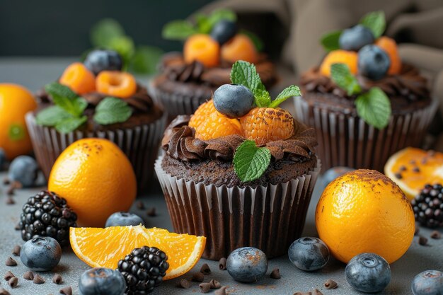 Photo a chocolate cupcake topped with fresh blueberries orange slices and a sprig of mint surrounded by other fruits and chocolate chips