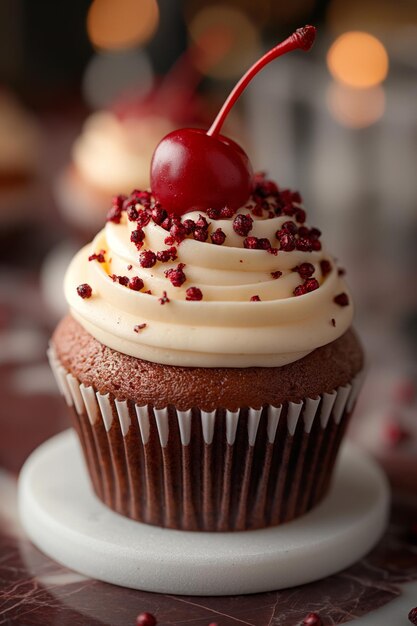 A chocolate cupcake with buttercream cream sprinkles and cherry on top on a white stand on marble table