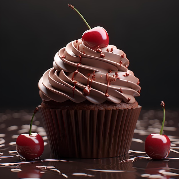 a chocolate cupcake with cherry on a clear background