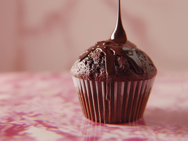 Photo a chocolate cupcake with chocolate frosting on a pink table cloth