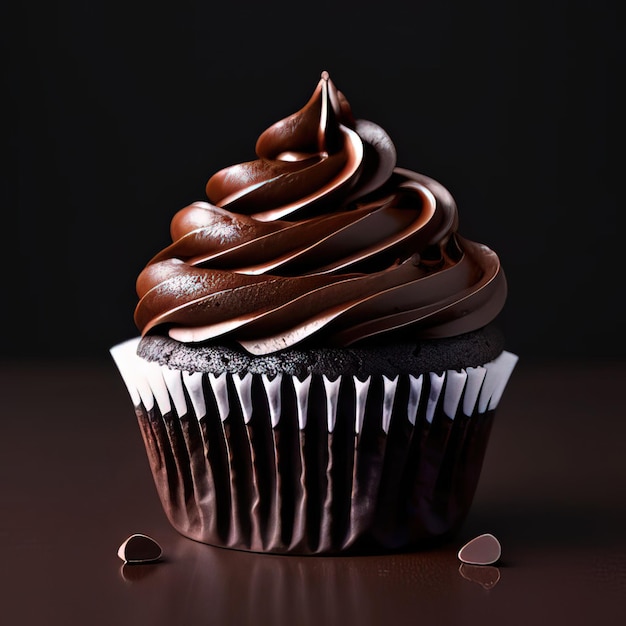 A chocolate cupcake with chocolate frosting and a sprinkle of chocolate frosting.