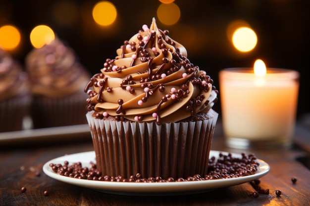 Chocolate cupcake with chocolate frosting on a wooden board