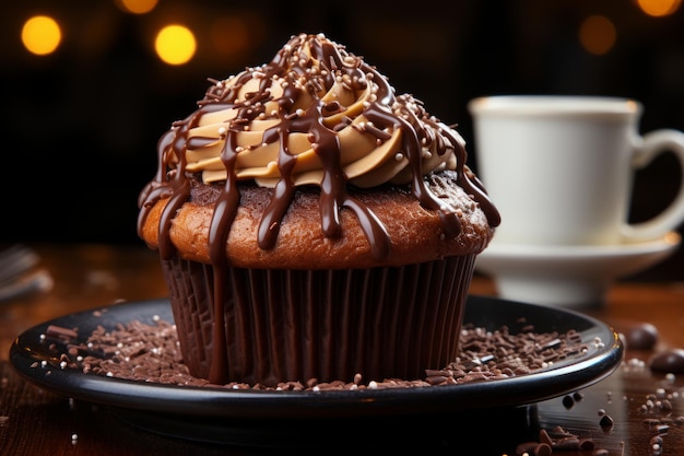 Chocolate cupcake with chocolate frosting on a wooden board