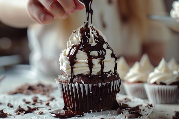 Photo chocolate cupcake with chocolate icing