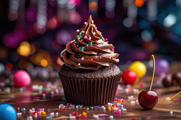 Chocolate cupcake with confectionery and cherry Festive and tempting generative IA