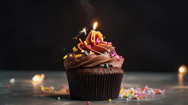 A chocolate cupcake with a lit candle on it