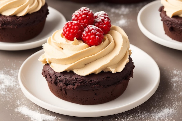 A chocolate cupcake with raspberries on top