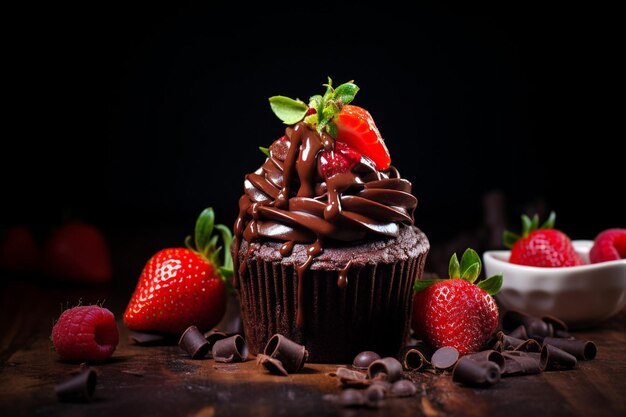 Chocolate cupcake with red cherry and a chocolate on top of wooden table