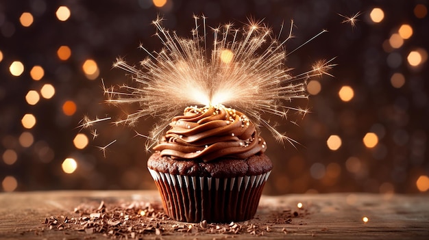 Chocolate cupcake with sparkler and heart of light Generative AI