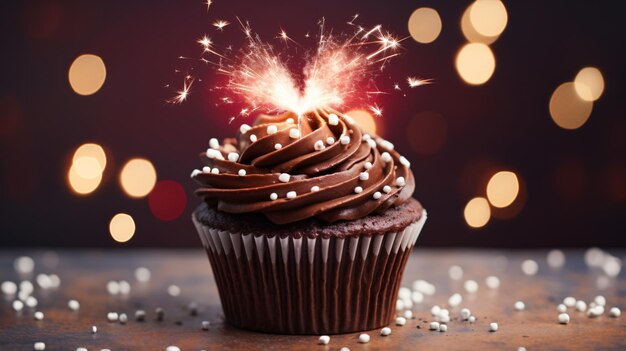 Chocolate Cupcake With Sparkler And Hearts Of Light