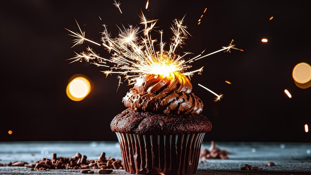 A chocolate cupcake with a sparkler on top