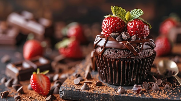 a chocolate cupcake with strawberries and chocolate on top of it