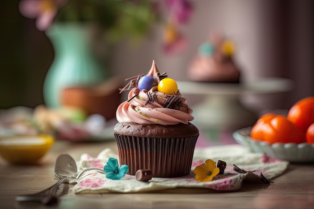 Chocolate cupcake with vanilla icing on delicate table generative IA