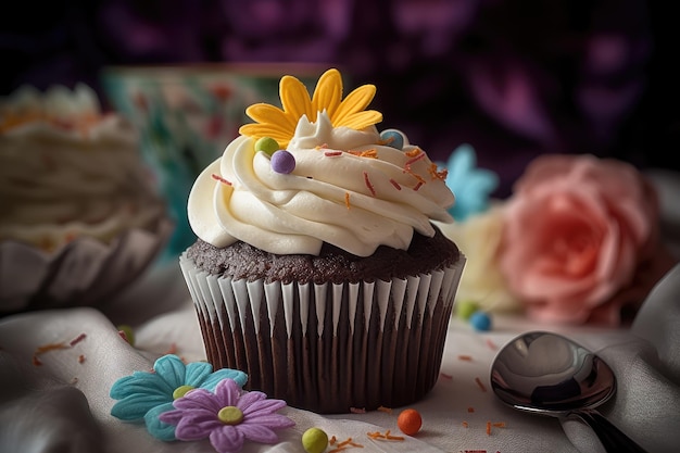 Chocolate cupcake with vanilla icing on delicate table generative IA