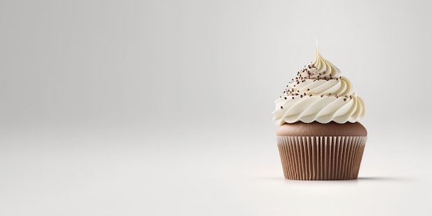 a chocolate cupcake with whipped cream and choco sprinkles isolated on white background with copy sp