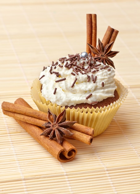 Chocolate cupcake with whipped cream and cinnamon