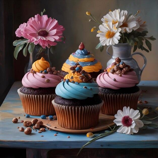 Photo chocolate cupcakes closeup photo with colorful icing for celebration