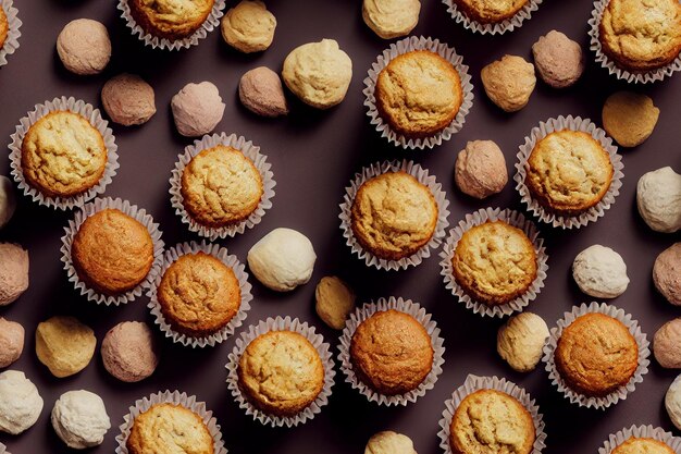 Chocolate cupcakes flat lay mockup backgroundAutumn pumpkin muffinsTasty pastries wooden