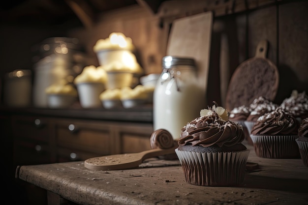 Chocolate Cupcakes in a rustic kitchen