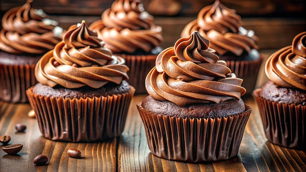 chocolate cupcakes with chocolate frosting and chocolate on a wooden surface