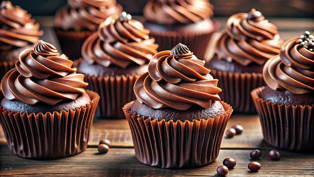 chocolate cupcakes with chocolate frosting on a wooden table