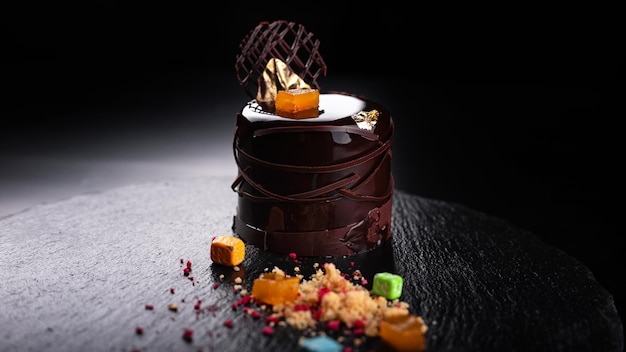 Chocolate dessert on a black stone with decorations