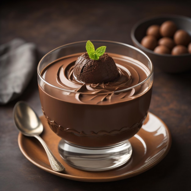 A chocolate dessert with chocolate and mint on top of it.