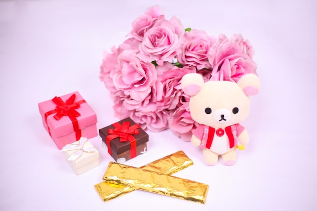 Chocolate doll flower and gift box for valentine's day isolated on white background