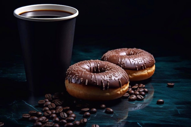 Chocolate donut and a cup of coffee