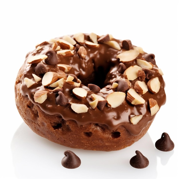 A chocolate donut with chocolate frosting and almonds on it.