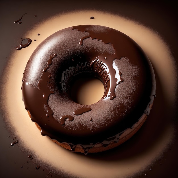 A chocolate donut with a chocolate glaze and the word donut on it.