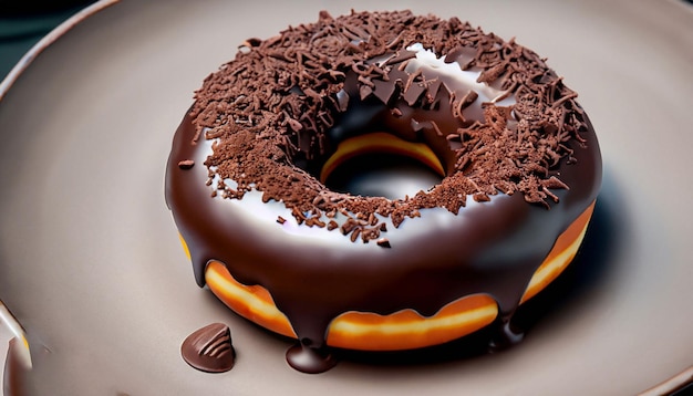 A chocolate donut with chocolate icing and sprinkles on it