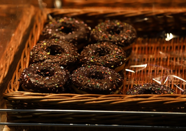 Chocolate donut with colored nuggets, Bratislava sweets