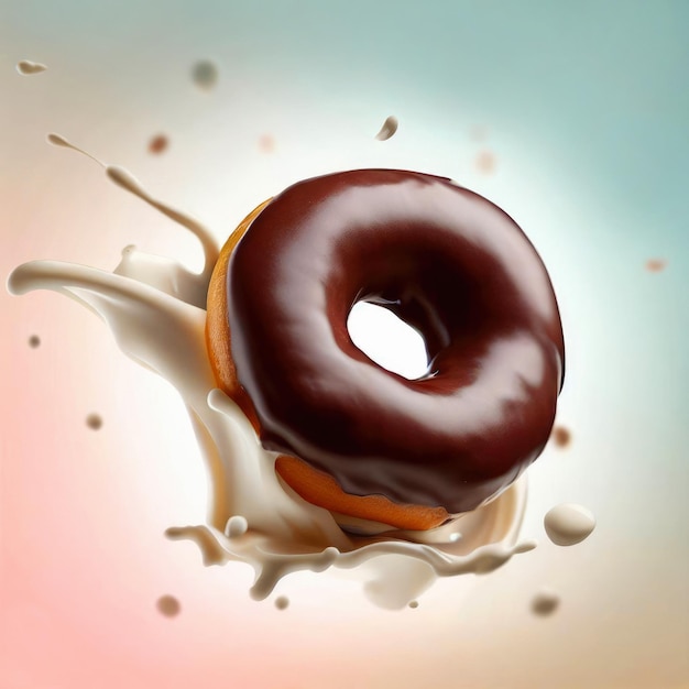 Chocolate donut with a splash of milk pastel background