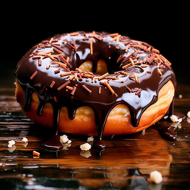 Chocolate donut on a wooden table on an isolated background