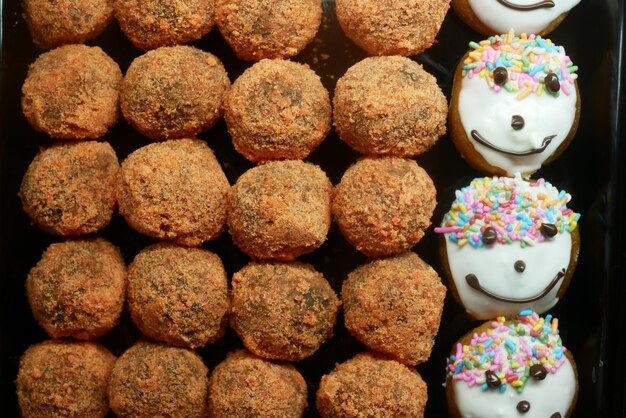 Chocolate donuts display for sale at local store