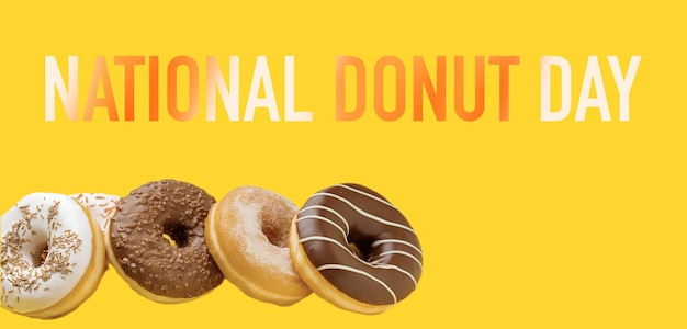 Photo chocolate donuts with sprinkles donut day banner national donuts day on a yellow background