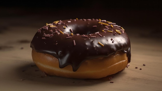 A chocolate doughnut with yellow sprinkles on top